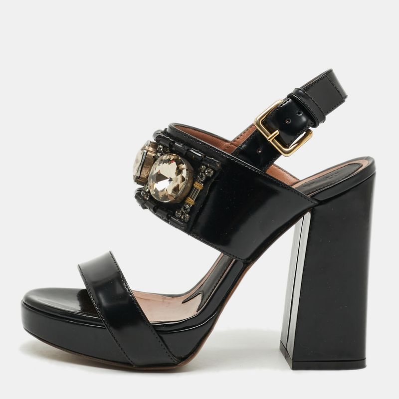 Marni Fussbett Sabot Size 36 Black Patent Leather Ankle Strap Sandals